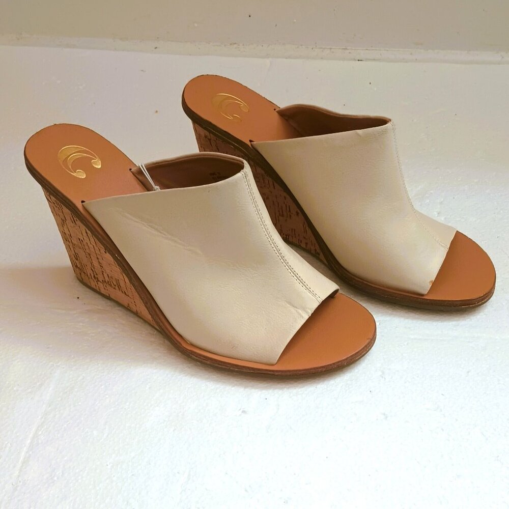 Women's Tan Wedge Sandal 10 Slip on Open Toe Faux Leather Summer Shoes